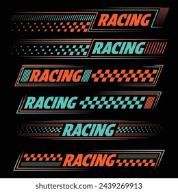 Red and blue car and moto sports decals. Horizontal checkeres halftone designs for racing tournaments and competitions. Sample bold speed text words with linear patterns