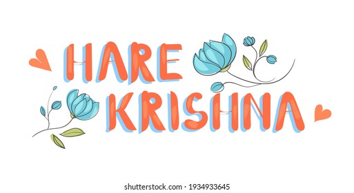 red and blue cartoon lettering Hare Krishna with blooming flowers
