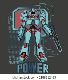 Robot vector de dibujos animados rojo y azul. Hombres robóticos con armas en el fondo de la tecnología.