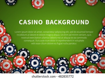 Red and blue casino chips with cards signs on green casino table, background with text template