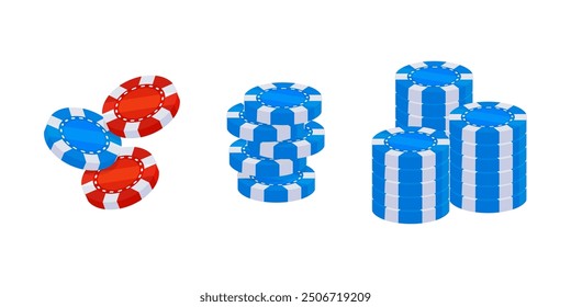 Red and blue casino chips stacked and falling representing gambling, winning, and losing money