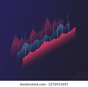 Red and blue charts. Analysis of information, assessment of income and expenses. Marketing research and financial literacy. Trading and economics. Cartoon isometric vector illustration