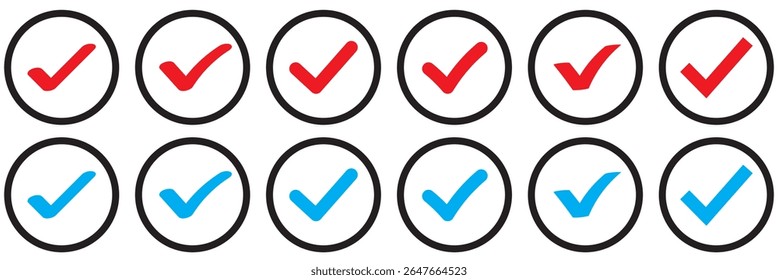 Red, blue  Check mark icon vector illustration in two variants. Approved, yes, confirm, done, vote, accept, tick, select, check box, red blue check mark circle and round shapes.