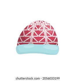 Red, blue children's hat with a geometric pattern, winter warm clothes.