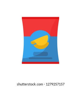 Red and blue chips pack illustration. Crunchy, package, packet. Food concept. Vector illustration can be used for topics like snack, super market