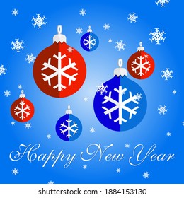 red and blue Christmas balls of different sizes and a congratulatory inscription among snowflakes on a blue background. cute new year sticker. vector