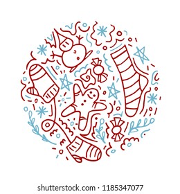 Red and Blue Christmas doodle .Isolated in circle different elements. Hand drawn sweets,sock,snowflakes,gingerbread and other elements. Good for greating gard, decoration.