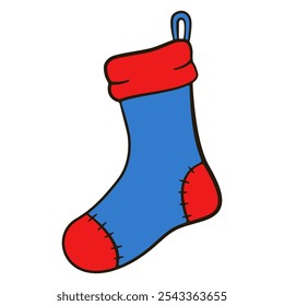 Red and blue Christmas sock. Cartoon illustration