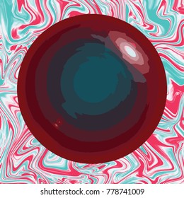 Red and blue circle on digital marbling background. Liquid surface backdrop. Candy suminagashi vector for web design or festival invitation. Fluid color pattern. Traditional Turkish ebru technique