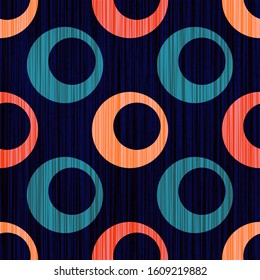 Red blue circle rings textile print. Round shape geometric elements vector seamless pattern. Circle rings textile design for clothes or interior design.