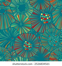 Gráficos de círculos rojos y azules. Fondo sin fisuras. Patrón sin fisuras de flores redondas gráficas. dibujo a mano. No la IA. Ilustración vectorial.