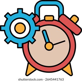 Um relógio vermelho e azul com uma engrenagem ao lado. O relógio está definido para a hora das 10:00