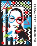 Red and blue Cocktail party with a girl and sunglasses, pop art poster.
