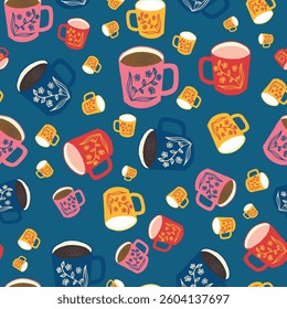 Red and Blue Coffee Mugs in Pop Art Style Vector Seamless Pattern