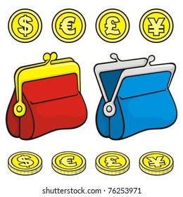 Red And Blue Coin Purse Wallet Icons Closed And Open With Coins.