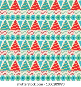 Red and blue color ethnic geometric endless fabric for wallpaper, packaging and textile. Contemporary abstract seamless pattern flat vector with triangles and flowers for carpet and bags design.