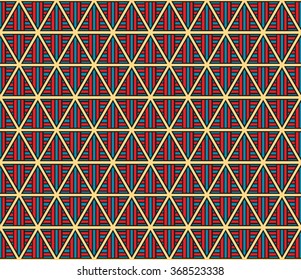 Red and blue color lattice triangle on yellow color background seamless pattern vector. Inspiration from pharaoh headdress