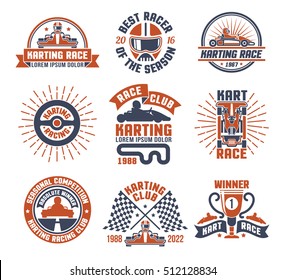 Red and blue color logo and emblems flat set for karting motor race club isolated vector illustration