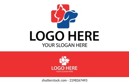 Red and Blue Color Pet Clinic with Dog and Cat Logo Design