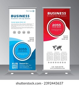 diseño de banner en color rojo y azul, diseño de plantilla de banner vertical, plantilla de stand de negocios.eps 10 vectoriales,