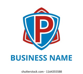 red and blue color simple triangle shield shape hexagon star logo graphic design with modern clean style for protection or security company with initial type letter p on it