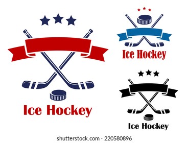 Red and blue colored ice hockey banners or emblems with  puck, sticks and ribbon for sport design