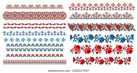 Red and blue colors Ukrainian ornaments,patterns,borders in pixel style