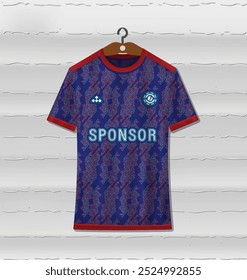 Red and blue combination sports uniform jersey design with an abstract background