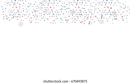Red and blue confetti background in national American flag color. Vector isolated on white background. For celebration American Holiday, Memorial day, Labor Day. Festival card with free space for text