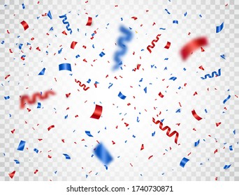 Red and blue confetti falling on transparent background. Happy Independence Day. Usa celebration design elements. Bright decoration for Birthday party, invitation, card, web. Vector illustration.