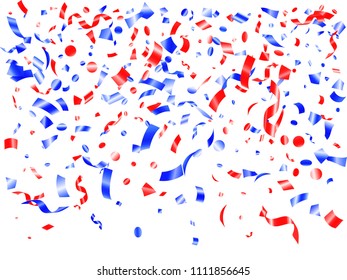 Red blue confetti flying on white vector. Patriotic American Independence Day background. Flying tinsel sparkles, gradient foil serpentine streamers and confetti falling in colors of USA flag.