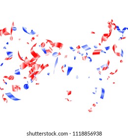 Red blue confetti flying on white vector. Rich American Independence Day background. Flying tinsel sparkles, gradient foil serpentine streamers and confetti falling in colors of USA flag.