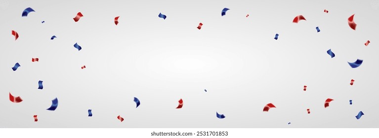 Red And Blue Confetti On White Background. Celebration Event And Happy Birthday. American Flags Color Concept. Vector Illustration. Copy Space