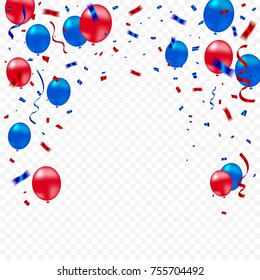 Red And Blue Confetti Ribbon Falling Isolated On Transparent Background. Celebration & Party.  American or chile flag color concept. Vector