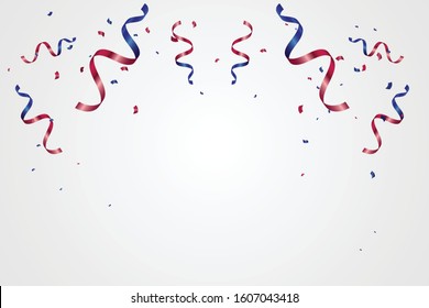 Red And Blue Confetti And Ribbon Isolated On Background. Celebration Event & Birthday. American, Chile, Russia, France, United kingdom flags color concept. Vector