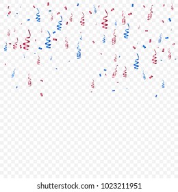 Red And Blue Confetti And Ribbons Falling On Background. Celebration Event & Birthday. American flag color concept. Vector