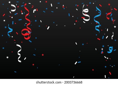 Red And Blue Confetti And Ribbons Falling On Background. Celebration Event, Birthday. American flag color concept. Vector