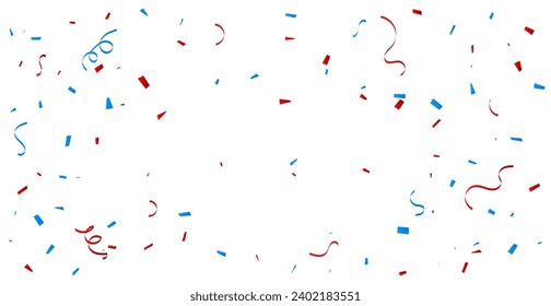 Red And Blue Confetti And Ribbons Falling On Background. Celebration Event. Happy Birthday. American flag color concept. Vector Illustration