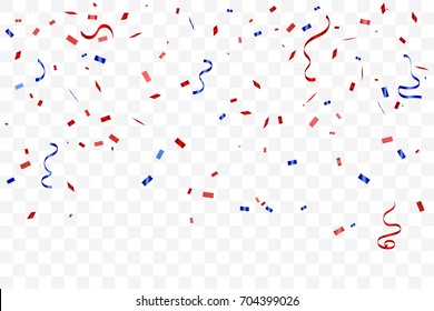 Red And Blue Confetti And Ribbons Falling On Transparent Background. Celebration Event & Birthday. American flag color concept. Vector