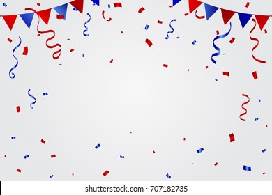 Red And Blue Confetti And Ribbons Falling On Background. Celebration Event & Birthday. American or chile,france,netherland,australia,united kingdom flag color concept. Vector Illustration