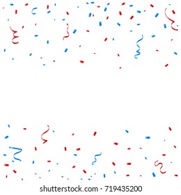 Red And Blue Confetti And Ribbons Falling On White Background. Celebration Event & Birthday. American or chile,france,netherland,australia,united kingdom flag color concept. Vector Illustration
