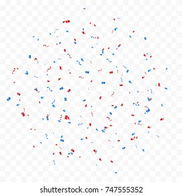 Red And Blue Confetti And Ribbons Falling On Background. Celebration Event and Birthday. American flag color concept. Vector