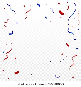 Red And Blue Confetti And Ribbons Falling On Transparent Background. Celebration Event & Birthday. American or chile flags color concept. Vector