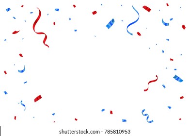 Red And Blue Confetti And Ribbons Falling On Background. Celebration Event & Birthday. American flag color concept. Vector