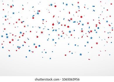 Red And Blue Confetti And Stars Falling On White Background. Celebration Event & Birthday. American flag color concept. Vector