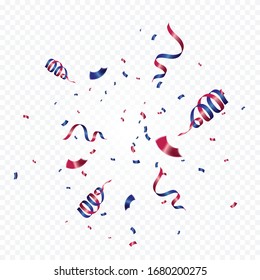 Red And Blue Confetti With Streamer Ribbon Isolated On Background. Celebration Event & Birthday. American, Chile, Russia, France, United kingdom flags color concept. Vector