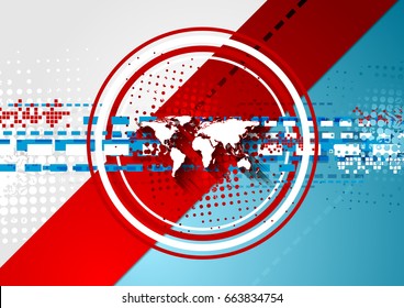 Red and blue corporate technology background with geometric elements and world map. Tech grunge halftone abstract vector design