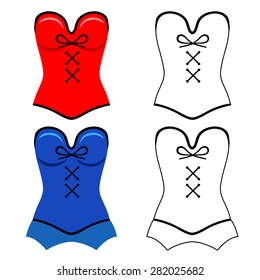 Red, blue corset template flat outlined style. Vector illustration isolated on white background. You can use this image for fashion design and etc.