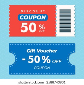 Red and blue coupon icons. 50% discount coupon. Gift Voucher design with QR code. All layered and grouped. Vector.