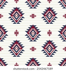 Red, Blue, and cream Navajo tribal vector seamless pattern. Native American ornament. Ethnic Southwestern decor style. Boho geometric ornament. Mexican blanket, rug. Woven carpet illustration.